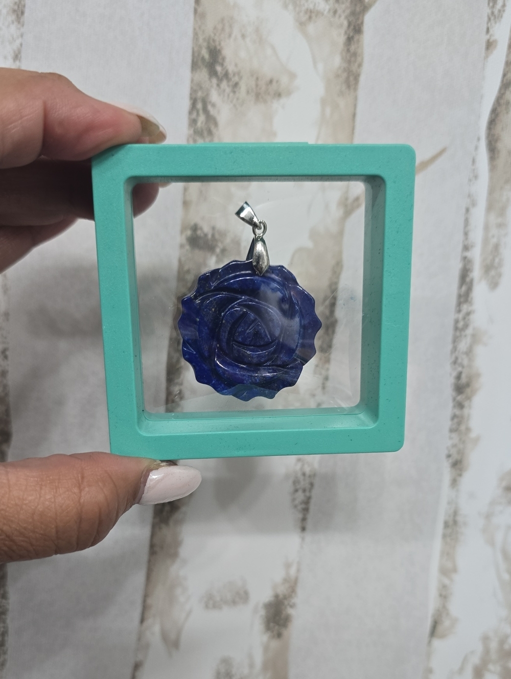 Carved Rose Pendant Necklace in Deep Blue Lapis Lazuli Natural Stone